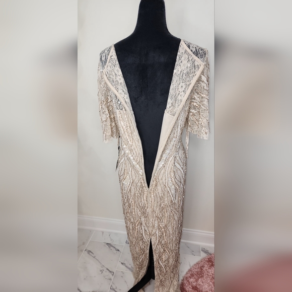 Adrianna papell embellished sequined lace column gown with Flutter sleev… - Picture 8 of 16